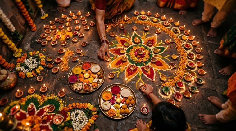 दीप, रंगोली एवं पुष्प — सनातन पर्वों की सजावट